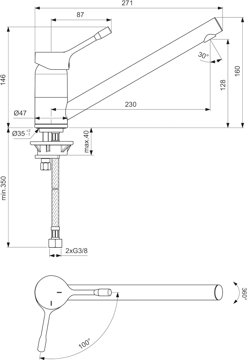 Ideal Standard BC296AA Ceralook Küchenarmatur Niederdruck verlängerter Sockel Auslaufhöhe 178 mm Chr