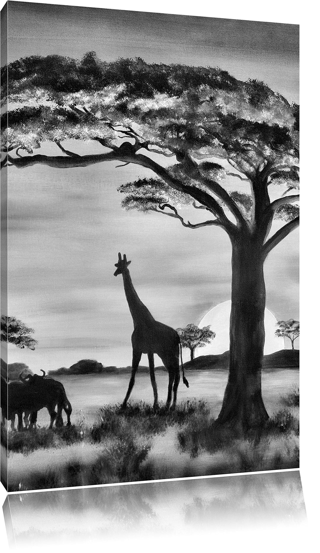 Pixxprint Monocrome, Savanne mit Wildtieren gemalt, Format: 100x70 auf Leinwand, 100x70