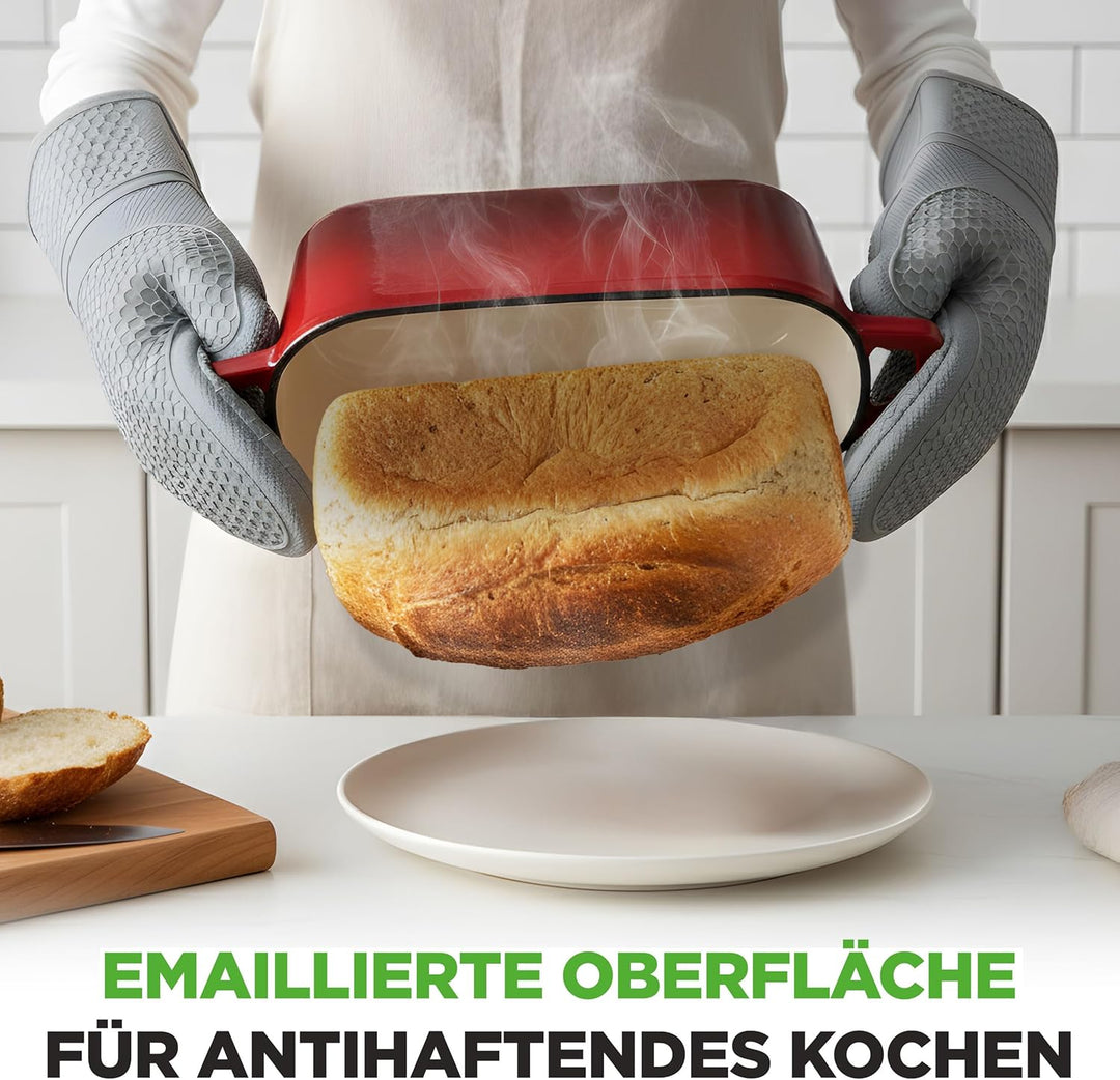 NutriChef Gusseisen Topf - Brotbacktopf - mit Deckel - 25,4 cm ovaler Brottopf mit Silikonhandschuhe