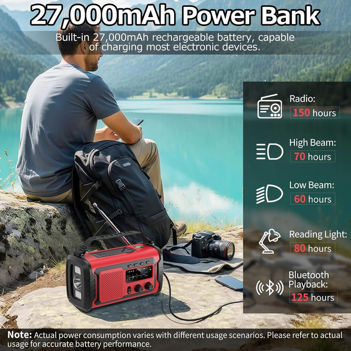Kurbelradio 27000mAh, Notfallradio Solar Kurbel FM/AM Mit Bluetooth, SOS Alarm Emergency Radio, Kurb