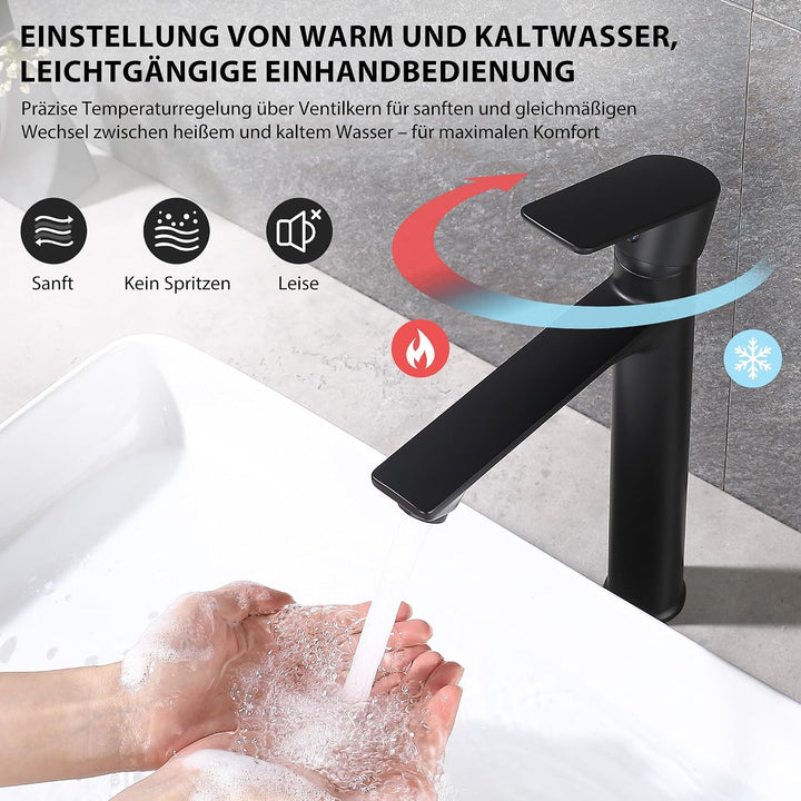 HOMELODY Wasserhahn Bad Schwarz Hoch - Bleifrei Rund Waschtischarmatur mit Auslauf Höhe 250 mm - Ein