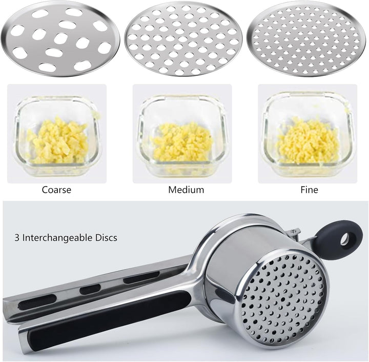 Kartoffelpresse, hicoosee Zunahme Verdicken Edelstahl Kartoffelpressen mit Schäler, 3 Lochscheiben M