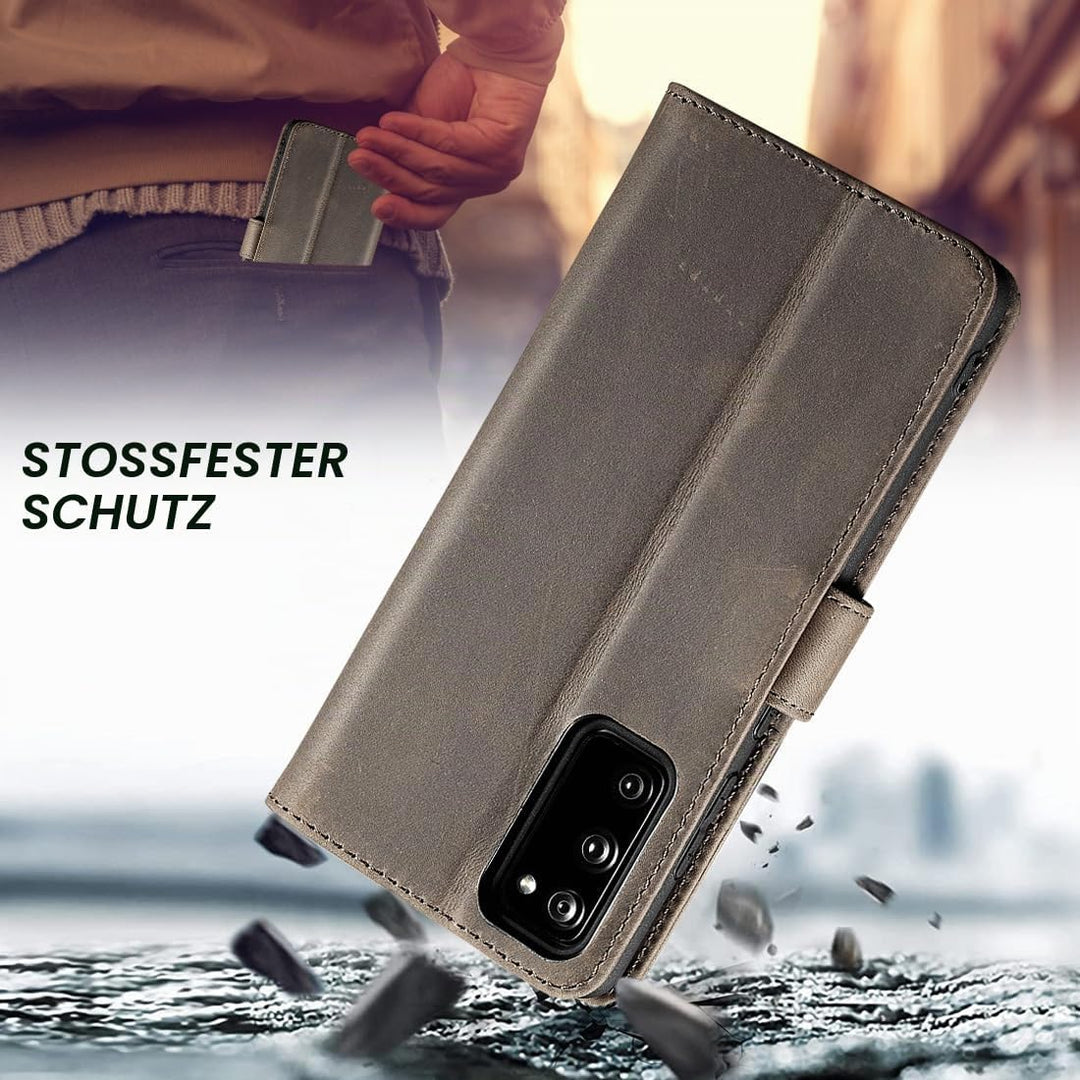 LENSUN Lederhülle für Samsung Galaxy S20 FE, Echtleder Hülle [Bookstyle][RFID Blocker][Echtes Leder]