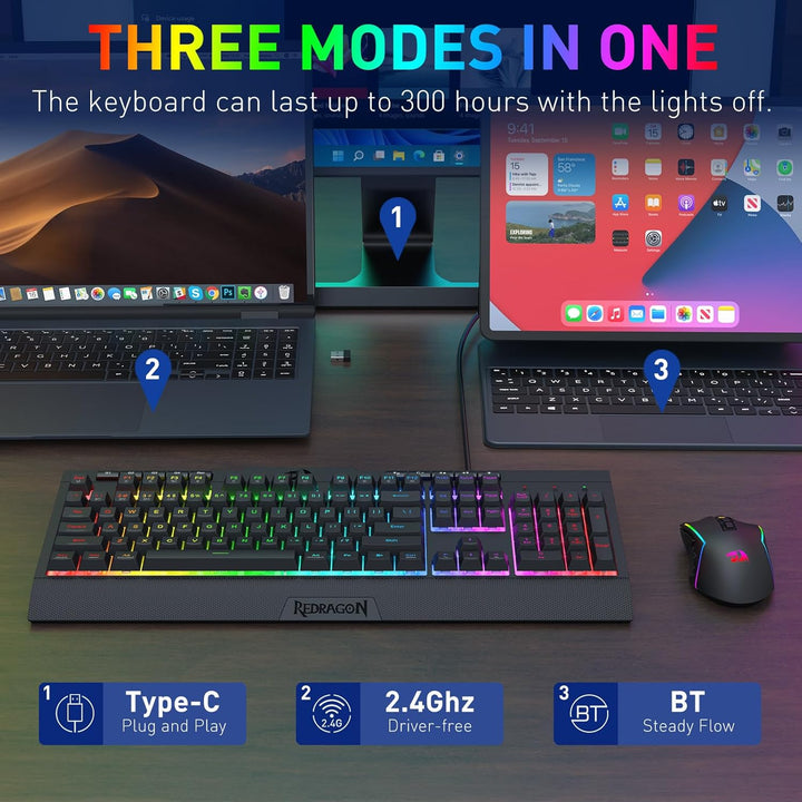 Redragon S151 PRO 3-Modus Wilreess Gaming-Tastatur &amp; Maus-Kombination, 104 Tasten K525 RGB-Membranta