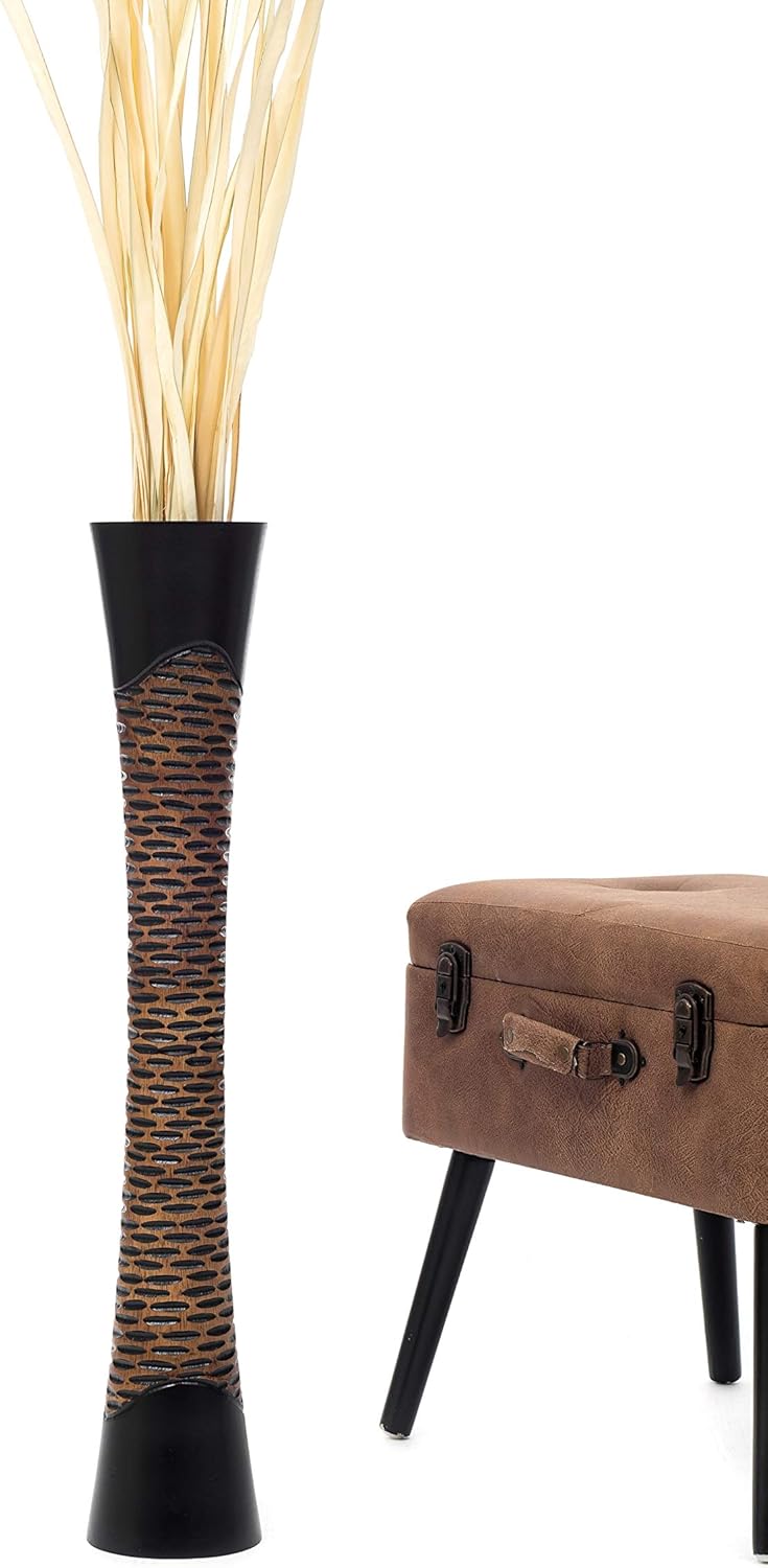 Leewadee Grosse Bodenvase für Dekozweige hohe Standvase Design Holzvase, Holz, 90 cm, Schwarz Braun