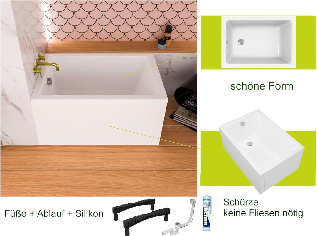 ECOLAM Badewanne Marella 100x70 cm + Schürze | raumsparend kleine moderne Wanne Rechteck Top QUALITÄ