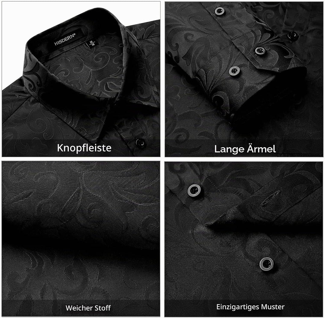 HISDERN Herren Paisley Hemd Langarm Satin Blumen Muster Hemd für Männer Jacquard Stickerei Freizeith