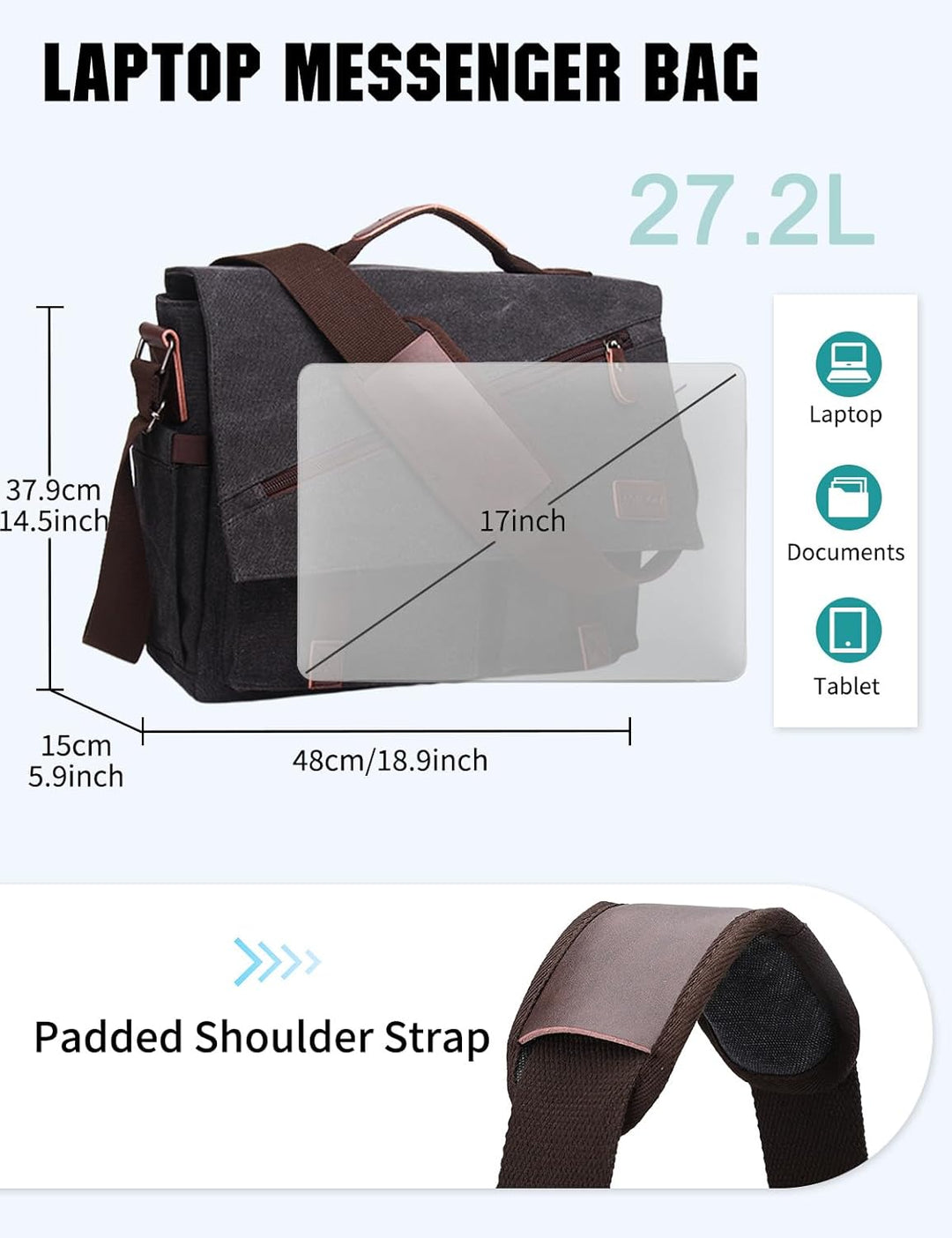 RAVUO Umhängetasche für Herren, wasserabweisend, Canvas, 35,6 cm (14 15,6 17 Zoll) Laptop-Aktentasch