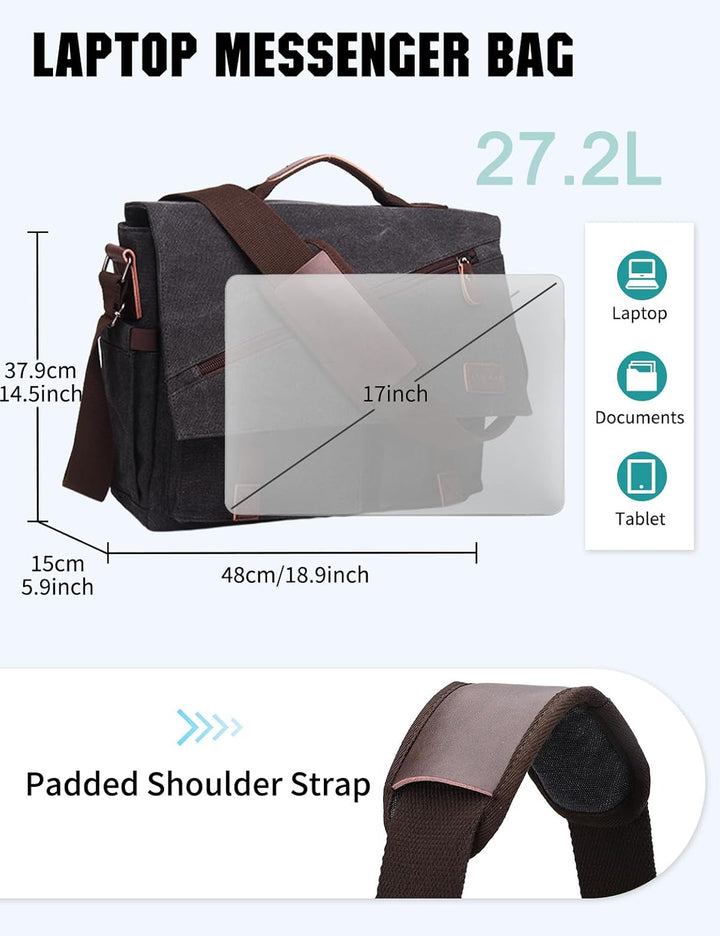 RAVUO Umhängetasche für Herren, wasserabweisend, Canvas, 35,6 cm (14 15,6 17 Zoll) Laptop-Aktentasch