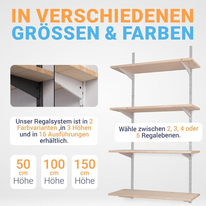 Wandregal Metall mit Boden · Regal in 50 Varianten · Höhe: 150 cm · 4 Ebenen in 80 x 50 cm (B x T) ·