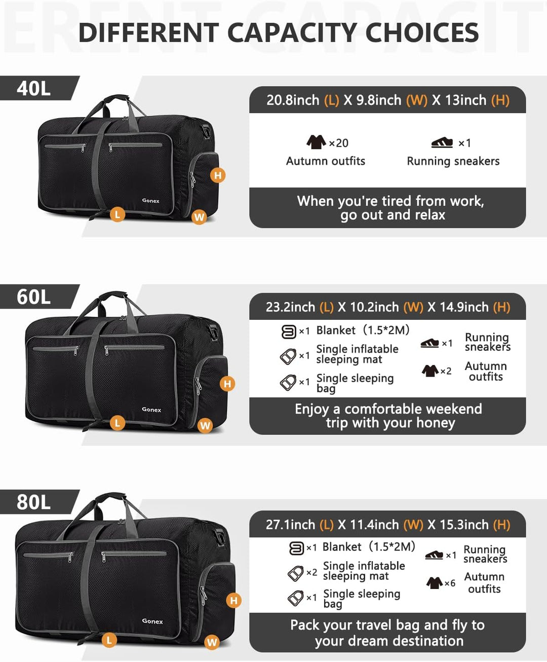 Gonex Faltbares Reisegepäck Leicht 40/60/80/100/150L Grosse Reisetasche Sporttasche für Reise Gym Ur