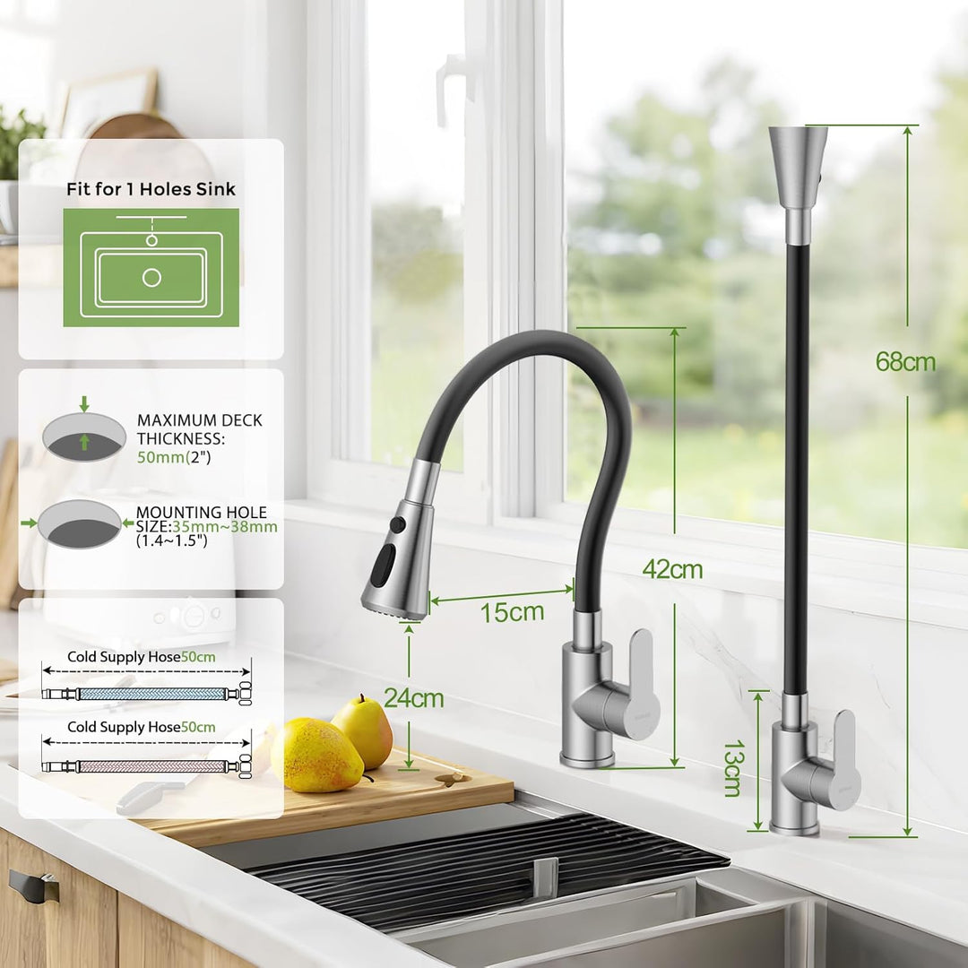 Hurran Flexibler Wasserhahn Küche mit 3 Sprühmodi, 360° Schwenkbare Küchenarmatur, Einhebelmischer a