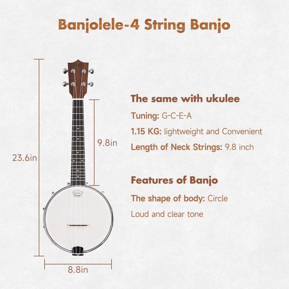 Mulucky Banjolele, 4 Saiten, Banjo-Ukulele, Konzert-Grösse, 58,9 cm, geschlossener Massivholzrücken,