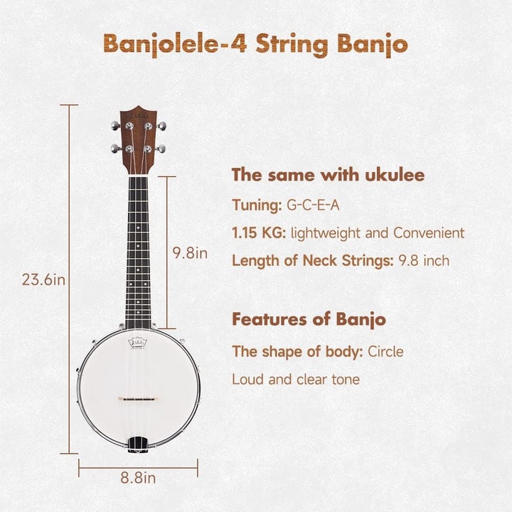 Mulucky Banjolele, 4 Saiten, Banjo-Ukulele, Konzert-Grösse, 58,9 cm, geschlossener Massivholzrücken,