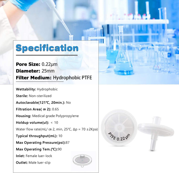Hydrophober PTFE Spritzenfilter, 25 mm, 100 Stück, PTFE-25mm-0.22μm, PTFE-25 mm-0,22 μm., PTFE-25mm-