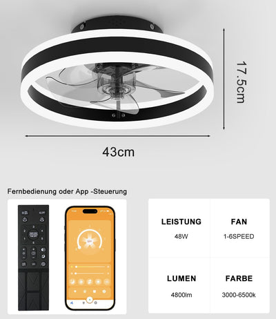 Nalezuns Ventilator-Deckenleuchte,LED Deckenventilator mit Beleuchtung,3 Farbtemperatur und 6 Geschw