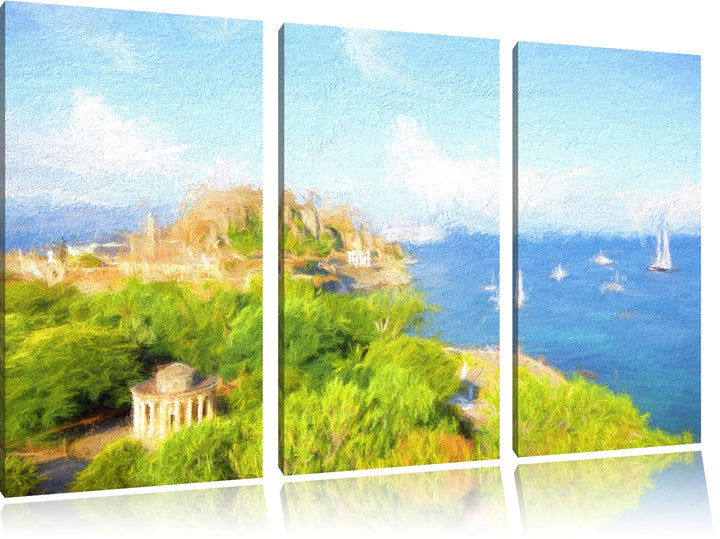 Pixxprint Griechische Insel Bunstift Effekt 3-Teiler Leinwandbild 120x80 Bild auf Leinwand
