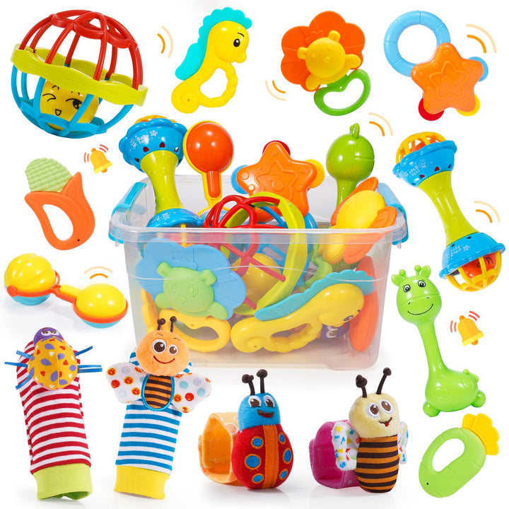 Baby Spielzeug ab 0-12 Monate, 14 Pcs Rasseln Beissring Set mit Aufbewahrungsbox Babyspielzeug ab 0-