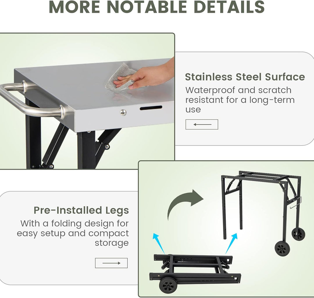KOMFOTTEU Grillwagen klappbar, Grilltisch mit Edelstahl Arbeitsplatte, Outdoor Rollwagen mit 2 Rolle