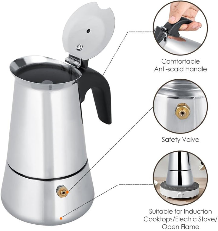 Espressokocher Edelstahl, 2/4/6/9 Tassen Mokkakanne für Gasherd, Induktion und Herdplatte, Italienis