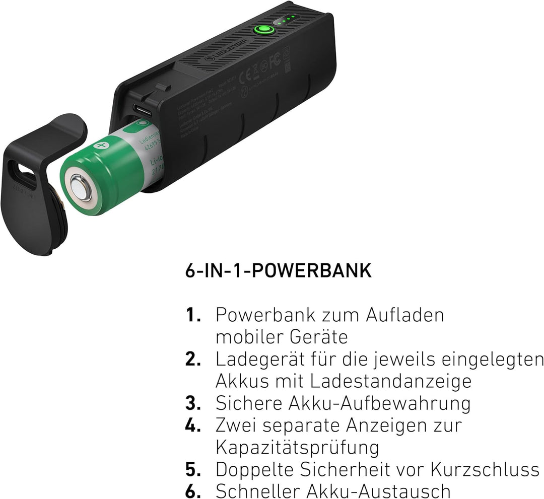 Ledlenser Flex5 Powerbank, 6-in-1-Powerbank, Kurze Ladezeit, 21700-Akku enthalten, Kurzschluss-siche