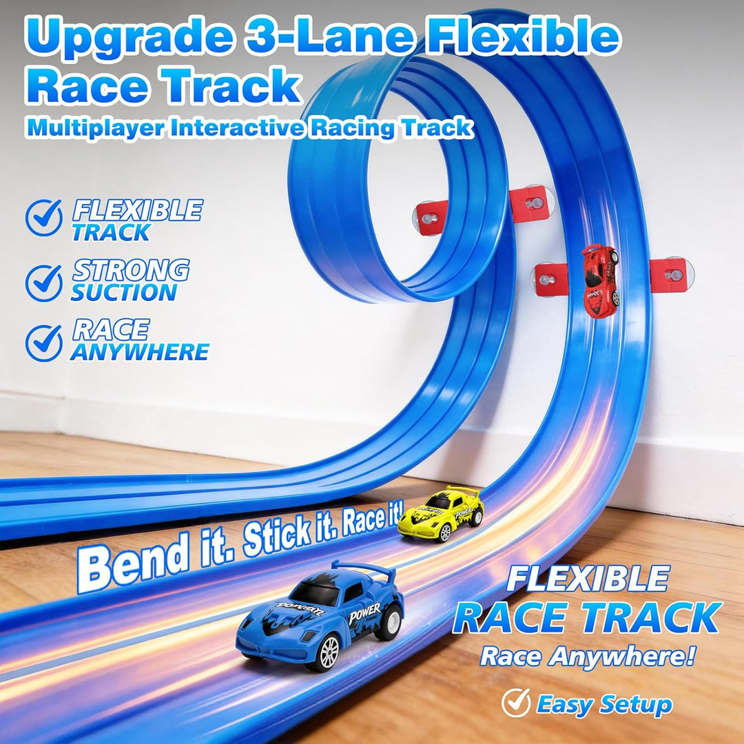 3-Spur Flexible Rennbahn Kinder, 5M Autorennbahn mit 6 Autos 3 Saugnäpfen, Flexible Autorennbahn Kin