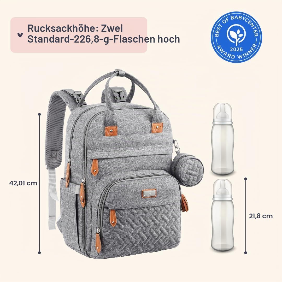 BabbleRoo Baby Wickeltasche/Rucksack, Wickelrucksack lässige Wickeltaschen Grau, Grau