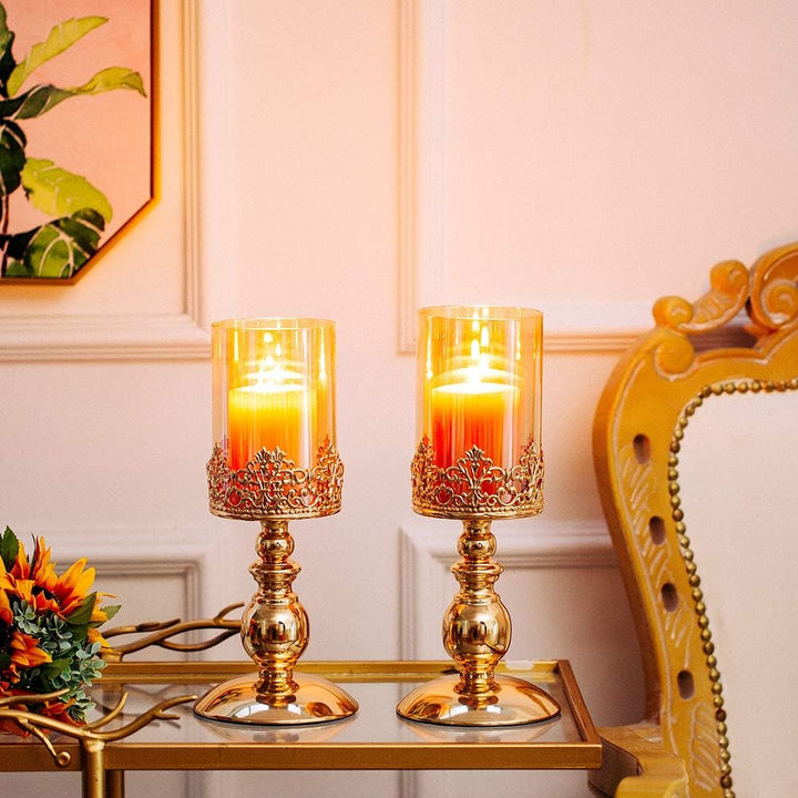 NUPTIO Säulenkerzenhalter mit Glas, 2er Set Hurricane-Kerzenhalter aus Gold Moderne Wohnkultur Gesch