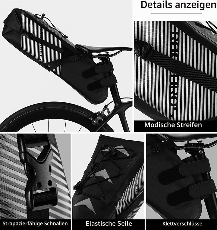 ROCKBROS Fahrrad Satteltasche 100% Wasserdicht IPX7 10L Fahrradtasche Hinterrad Tasche Sitztasche