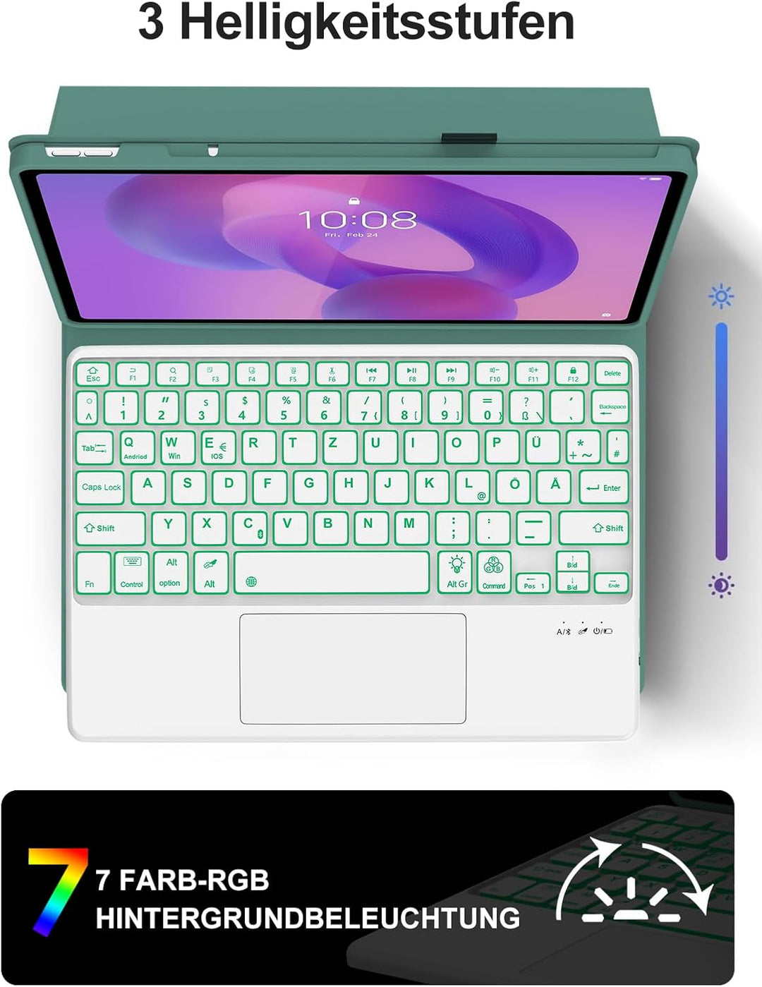 JADEMALL Für Idea Tab 11" TB336FU Hülle mit Touchpad &amp; Beleuchtung QWERTZ | Mit 7-Farben Beleuchtung