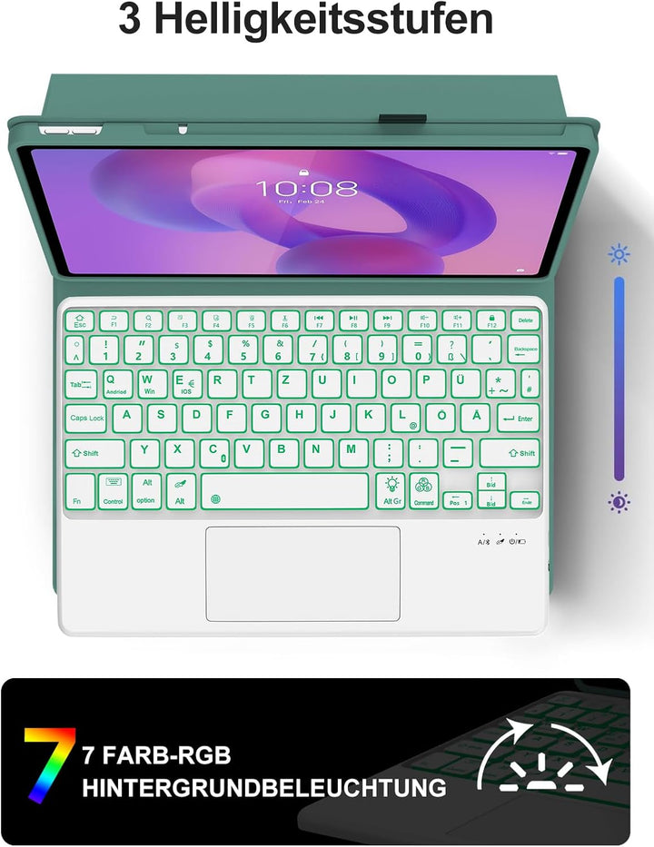 JADEMALL Für Idea Tab 11" TB336FU Hülle mit Touchpad &amp; Beleuchtung QWERTZ | Mit 7-Farben Beleuchtung