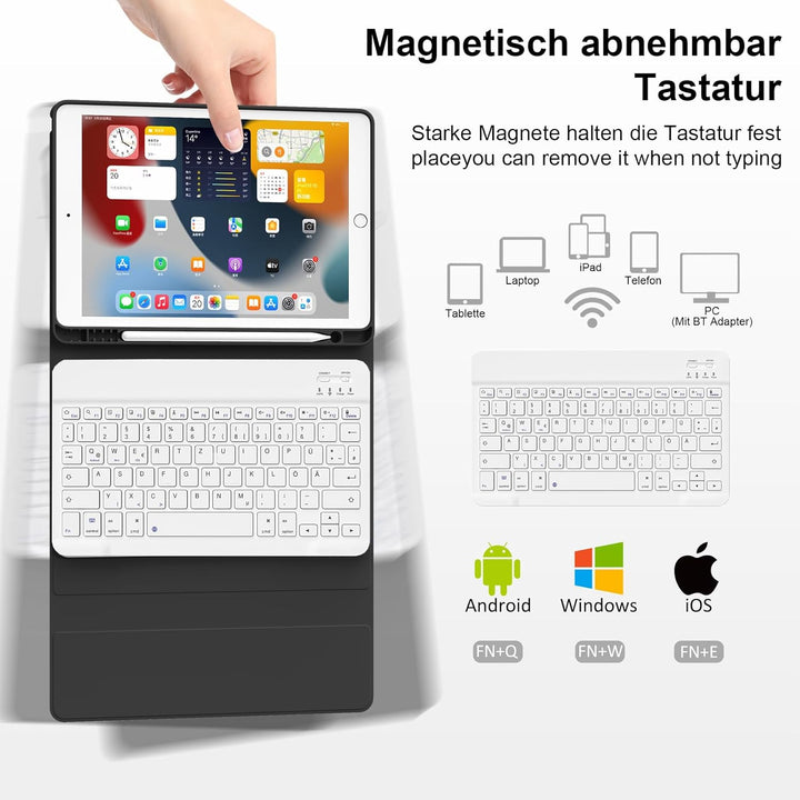 Tastatur Hülle für iPad 9./ 8./ 7.Gen (2021/2020/2019) mit Stifthalter, Soft TPU Schutzhülle, magnet