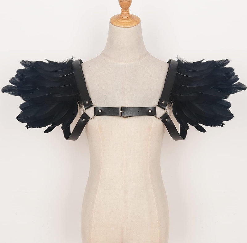 keland Gothic Halloween Kostüm Accessoires Feder Epaulettes Shrug Schulterklappen mit Leder Body Har