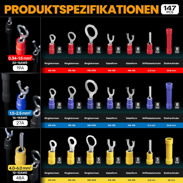 SOMELINE® Crimpzange Kabelschuhe Set, Crimpzangenset, Kabelschuhzange für 0,34-6mm² Kabelhülsen mit