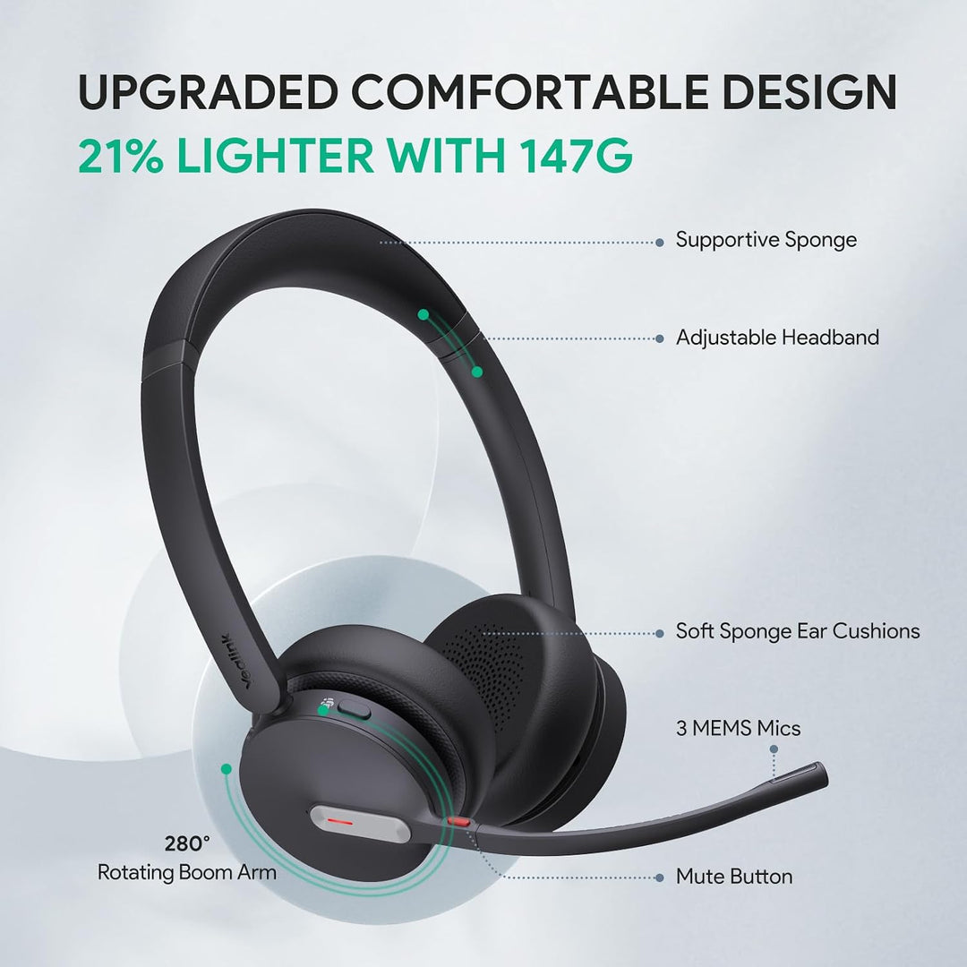 Yealink BH70 Drahtloses Bluetooth-Headset mit Mikrofon für die Arbeit, bis zu 35h Sprechzeit, 3-Mikr