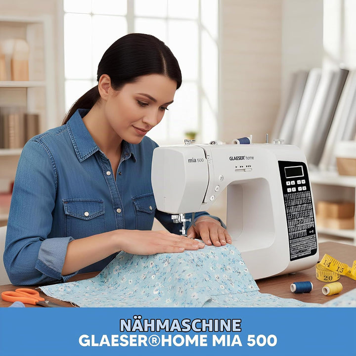 GLAESER Digitale Nähmaschine Home mia 500 300 Stich-Varianten Doppelnadel LED Display Einklappbarer