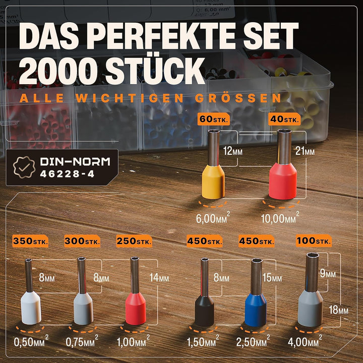 BAURIX® Crimpzange mit 2000 Aderendhülsen Set I Aderendhülsenzange mit Kraftregler [Für 0,25-10mm²]
