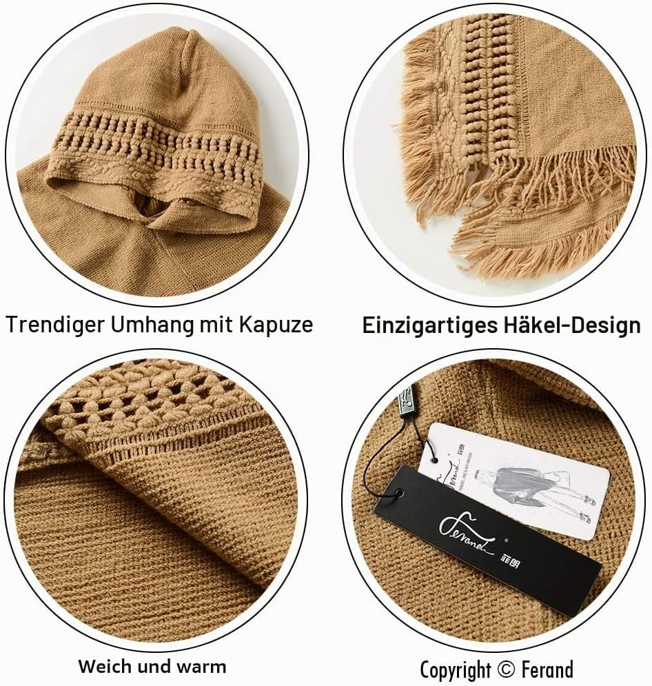 Ferand Damen Poncho mit Kapuze und gehäkeltem Cape mit Fransensaum für Herbst Winter Einheitsgrösse