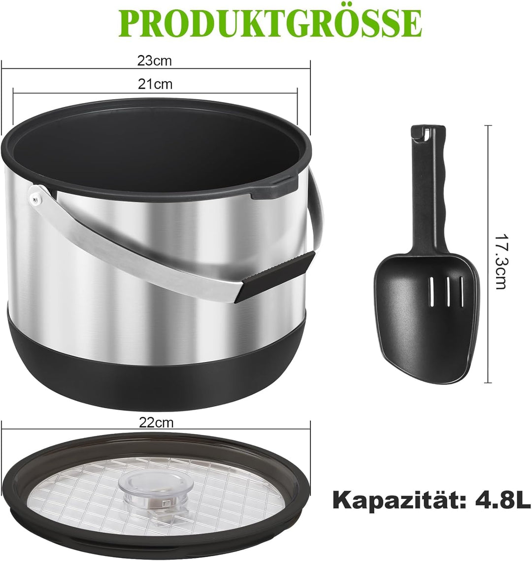 4.8L Eiswürfelbehälter mit Deckel und Schaufel, Edelstahl Eiskübel BPA-FREI, Doppelwandiger Isoliert
