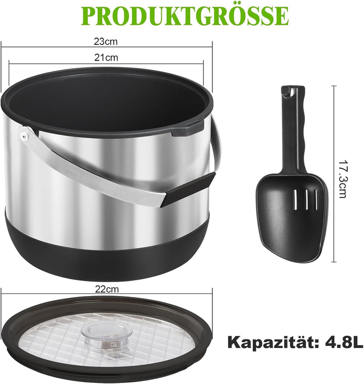 4.8L Eiswürfelbehälter mit Deckel und Schaufel, Edelstahl Eiskübel BPA-FREI, Doppelwandiger Isoliert