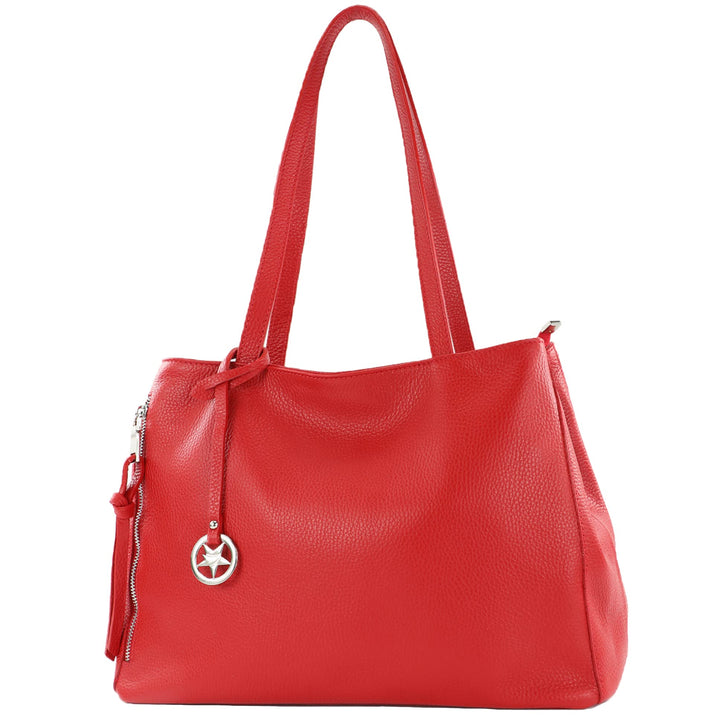 modamoda de - T205 - ital. Schultertasche Henkeltasche aus Leder Signalrot, Signalrot