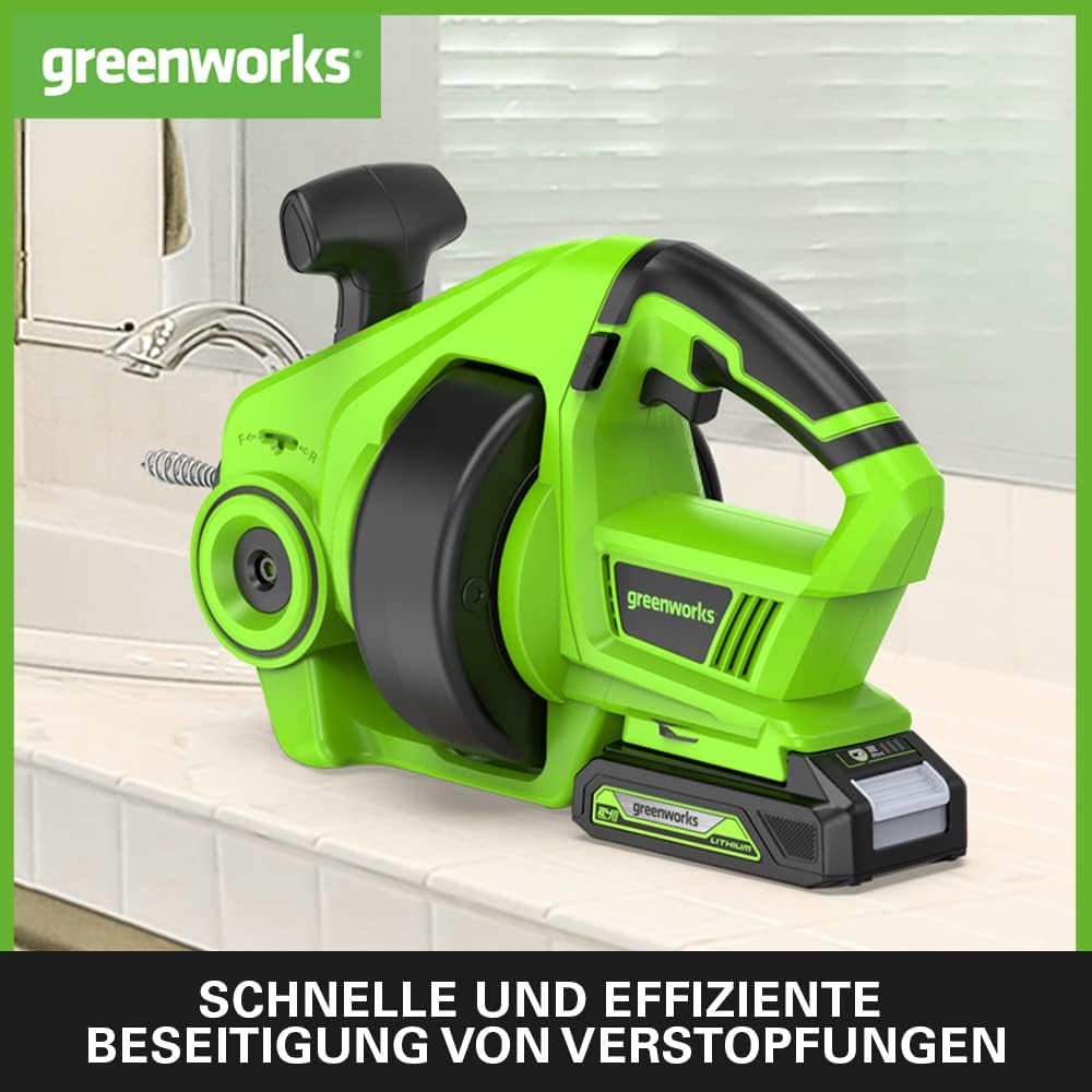 Greenworks G24DA Akku Rohrreinigungsspirale 550rpm, Rohrdurchlass 2,5-5 cm, 7,5 m Edelstahlbohrer OH