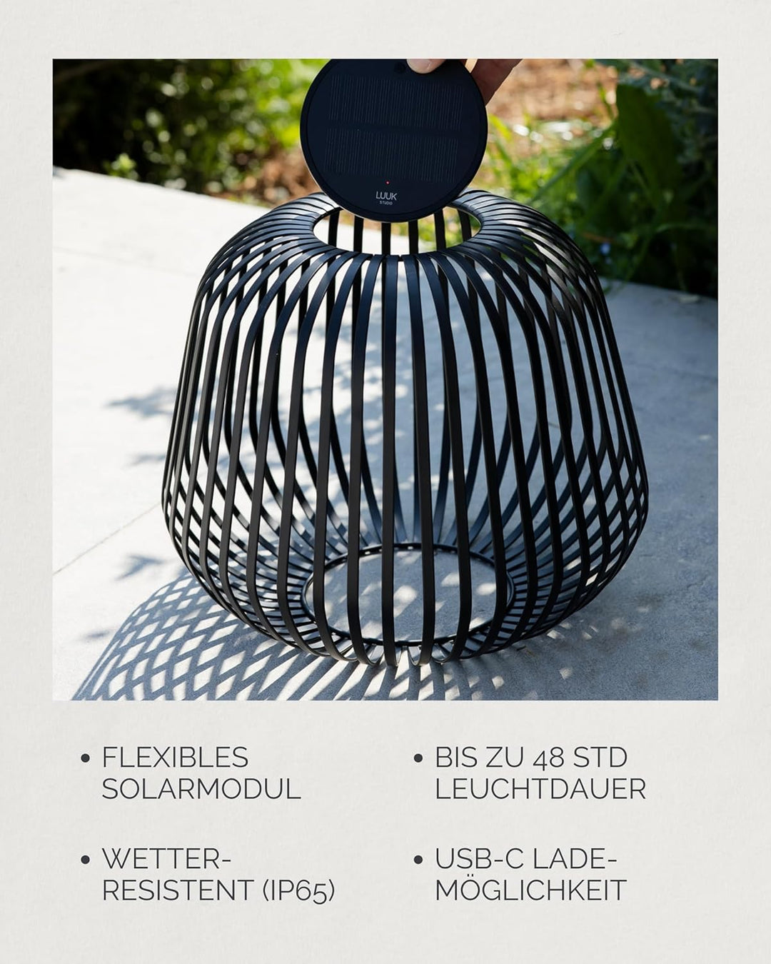 LUUK Studio Kabellose Solar Tischleuchte in minimalistischem Design, aufladbarer Akku via USB-C und