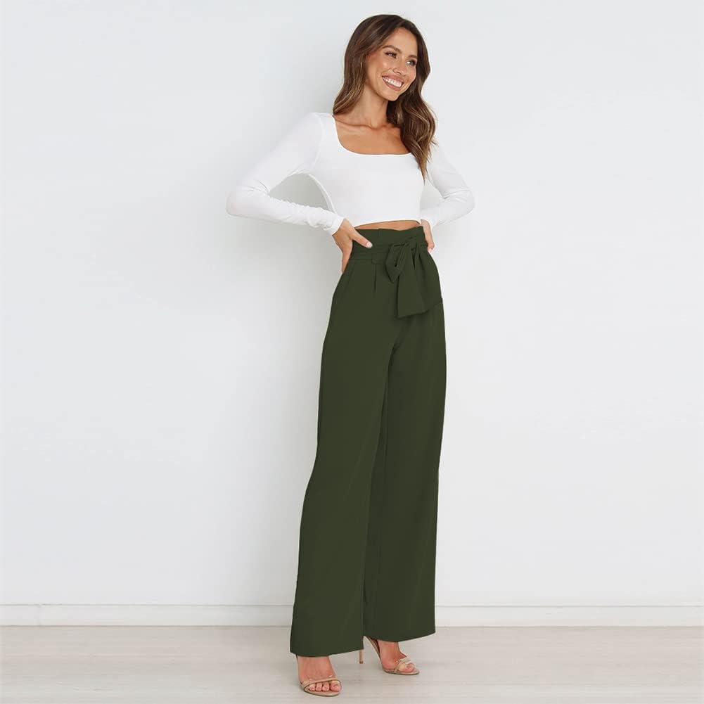 Odizli Damen Elegant High Waist Lang Weite Hose Sommer Business Festlich Anzughose mit Gürtel L Arme