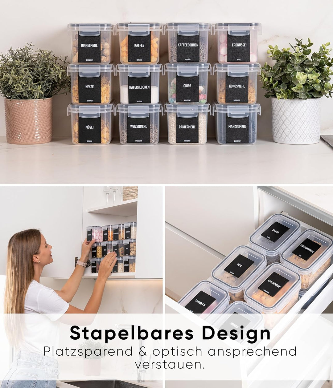 Deco haus® Vorratsdosen mit Deckel Luftdicht [inkl. VORRATSETIKETTEN] - 12er Vorratsbehälter Set - A