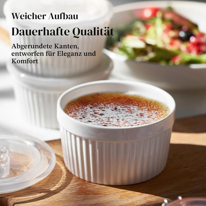DOWAN Creme Brulee Schälchen Set mit Deckel, 6 X 235 ml Antihaft Souffle Förmchen Backofenfest, Porz
