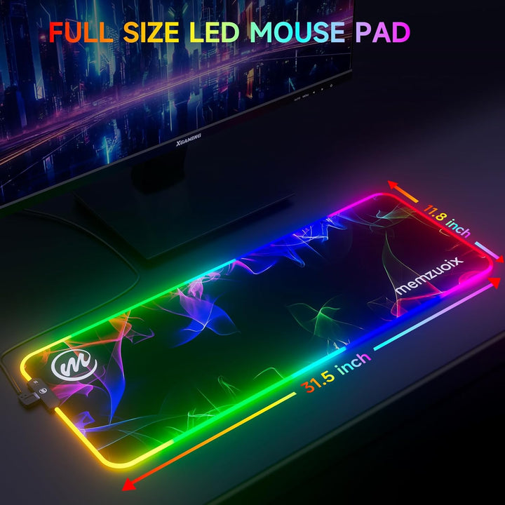 RGB Gaming Mauspad XXL 80×30 cm – Grosses LED Mousepad mit 12 Beleuchtungsmodi, Rutschfester Gummiba