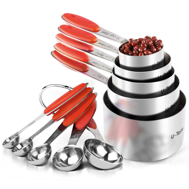 Messbecher: U-Taste 18/8 Edelstahl Messbecher und Messlöffel Set mit 10 Stück, Griff mit Verbesserte