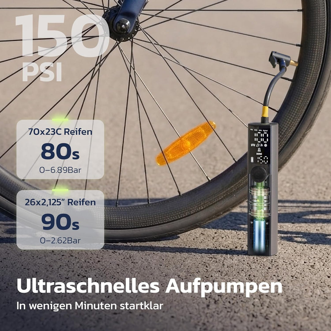 Woowind Ventus Ride Fahrradpumpe, 150 PSI/10,3 Bar, Elektrische Luftpumpe, Aufpumpen in 1 Minute, Ak