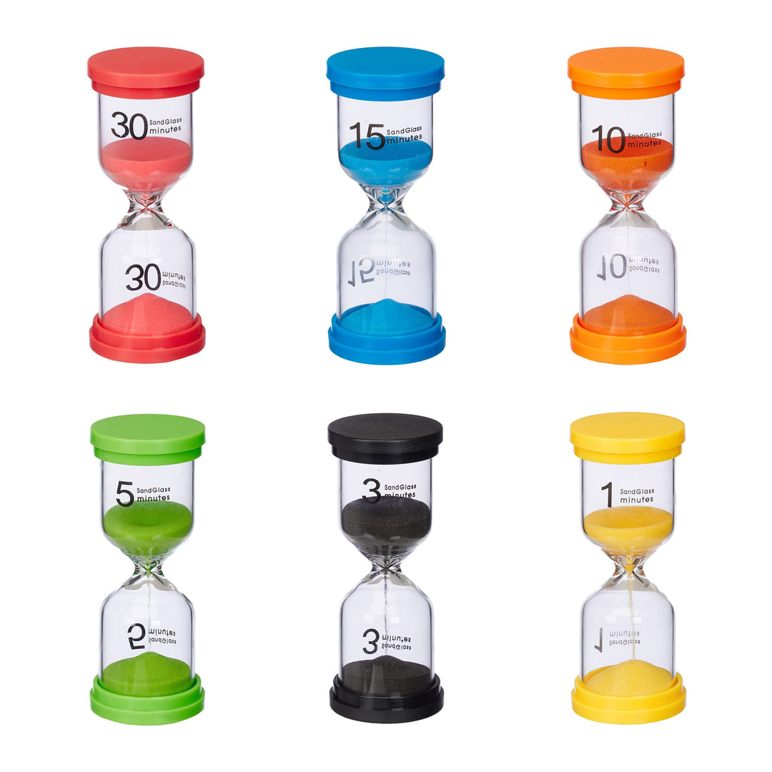 Relaxdays Sanduhren Set, 6-teilig, Kurzzeituhr, 1/3/ 5/10/ 15/30 Min, H x D: 11 x 4,5 cm, Eieruhr Sa